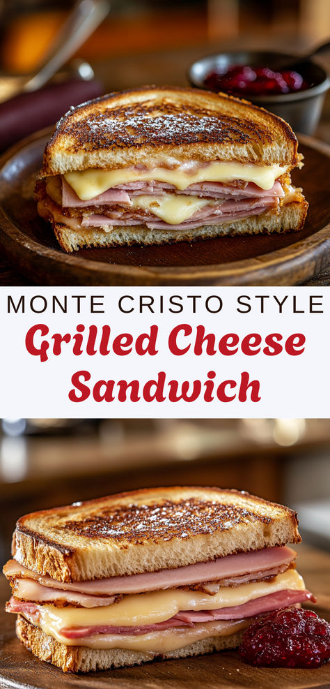 This Monte Cristo-style grilled cheese sandwich is everything you want in comfort food. Layers of ham, turkey, and Swiss cheese are perfectly grilled and served with jam for a sweet and savory combo. Great for anyone who loves grilled sandwiches, deli-style recipes, or hot sandwiches.  #MonteCristo #GrilledCheeseSandwiches #BestSandwichRecipes #GrilledSandwich #DeliSandwiches Grilled Gouda Cheese Sandwich, Grilled Sandwich Ideas, Montecristo Sandwich, Grilled Cheese Ideas, Hot Ham And Cheese Sandwiches, Sandwich Recipes Dinner, Sandwiches Grilled, Ham Sandwich Recipes, Deli Style Sandwiches