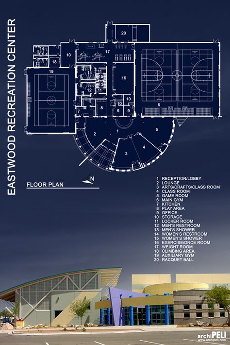 Eastwood Recreation Center by archiPELI Gym Plans Architecture, Art Center Floor Plan, Recreation Center Floor Plan, Community Centre Floor Plan, Rec Center Design, Recreation Area Design, Recreation Center Design, Sports Center Design, Sport Center Design