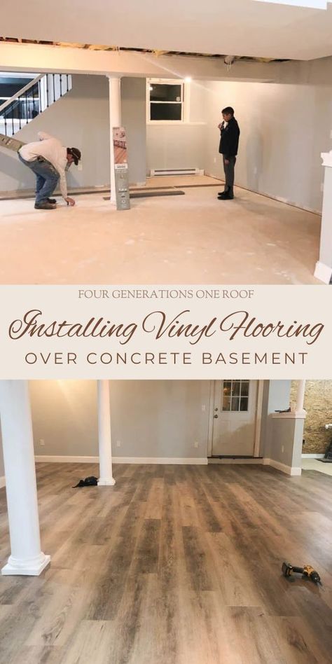 vinyl floor installation over concrete before and after Flooring Over Concrete, Floating Vinyl Flooring, How To Install Vinyl Plank Flooring, Installing Vinyl Plank Flooring, Basement Ceiling Painted, Flooring Options Durable, Vinyl Wood Planks, Vinyl Sheet Flooring, Click Flooring