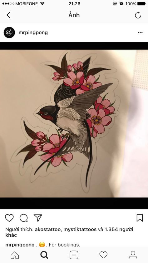 Neo Trad Cherry Blossom Tattoo, Neo Trad Cherry Blossom, Neo Traditional Swallow Tattoo, Neo Traditional Cherry Blossom, Neo Tattoo, Japanese Flower Tattoo, P Tattoo, Swallow Tattoo, Small Girl Tattoos