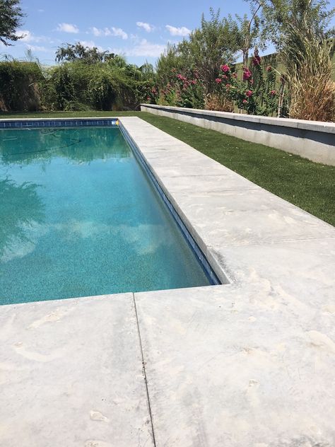 Pavers, Pool Coping with Architectural Precast Concrete Stone Panels | Mesa Precast Pool Decking Concrete, Small Backyard Pool, Pool Paving, Concrete Swimming Pool, Pool Pavers, Travertine Pool, Pool Remodel, Pool Landscape Design, Diy Swimming Pool