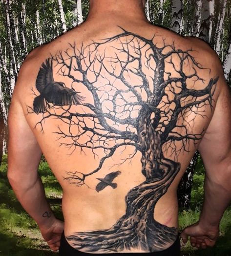 Back Tree Tattoos For Guys, Tree Back Tattoo For Men, Yggdrasil Back Tattoo, Tree Tattoo Men Back, Oak Tree Back Tattoo, Tree Tatoos Man, Full Back Tree Tattoo, Oak Tree Tattoo Men, Tree Back Tattoo Women