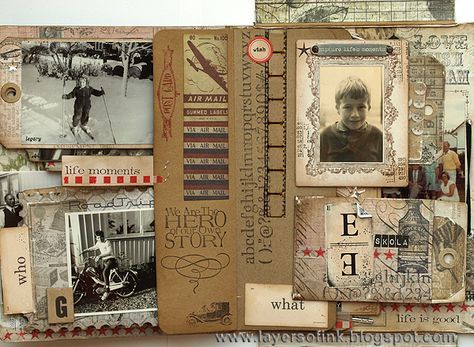 Tim Holtz Family Folio Tutorial, pg. 6 ~ Love the layered tags, pockets and flip pages...so many layers to embellish! Heritage Scrapbook Pages, Timmy Time, Heritage Scrapbooking, Album Scrapbook, Album Scrapbooking, Vintage Junk Journal, Mini Scrapbook, Mini Scrapbook Albums, Vintage Scrapbook