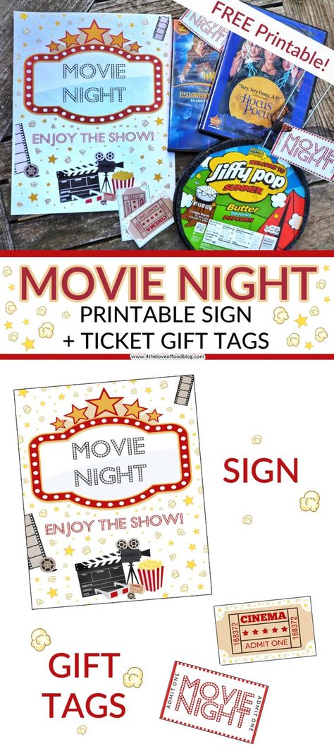 Perfect for your next movie night event, these free themed printables include a sign, tickets, and labels. Use them to decorate for your movie party or use as tags for a movie screening themed gift! Free Movie Ticket Template, Diy Movie Tickets Ideas, Free Printable Movie Tickets, Printable Movie Tickets Templates Free, Movie Night Printables Free, Movie Night Tickets Free Printable, Movie Night Decorations Indoor, Movie Tickets Printable, Movie Themed Gift Basket