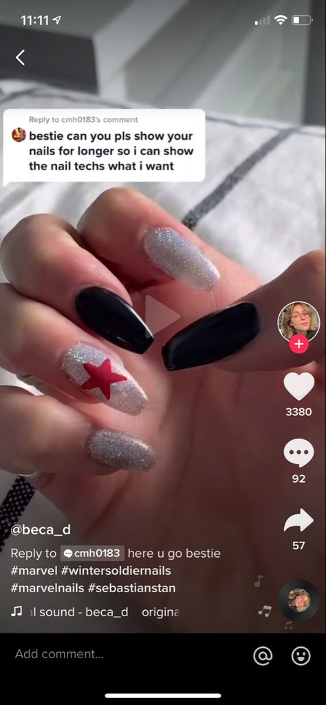 Easy Character Nails, Bucky Barnes Inspired Nails, Marvel Themed Nails, Marvel Nails Simple, Marvel Nail Ideas, Bucky Barnes Nails, Makeup Inspired By Marvel, Winter Soldier Nails, Marvel Inspired Nails