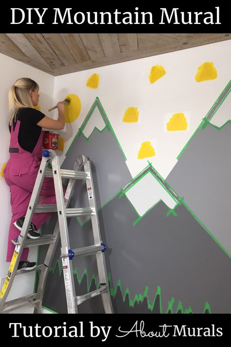 Mountain Mural Kids Room, Diy Mountain Mural, Wall Mural Diy, Baby Room Ideas Early Years, Twins Bedroom, Diy Mountain, Baby Room Design Boy, Baby Room Paintings, Mural Diy