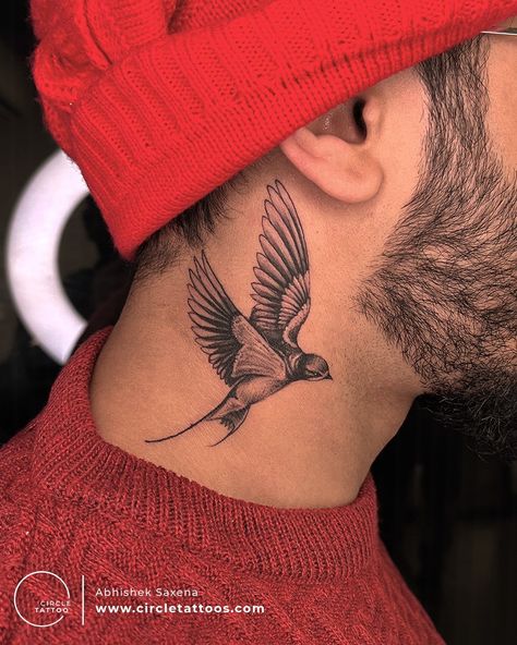 Swallow Tattoo On Neck, Bird Tattoo On Neck For Men, Swallow Neck Tattoo Men, Bird Tattoo Neck Men, Coverup Neck Tattoos Women, Swallows Tattoo Men, The Swallow Tattoo, Neck Tattoo For Guys Birds, Men’s Swallow Tattoo