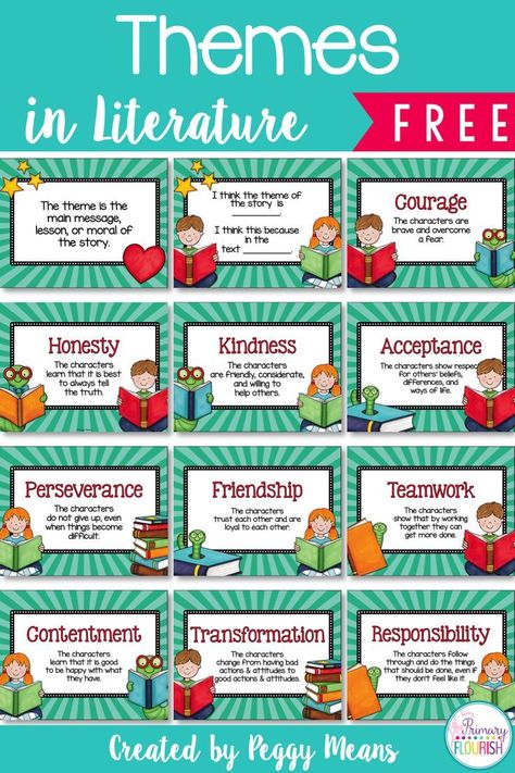 10 Themes in Literature Anchor Posters:  Studying theme helps us look deeper into the story in order to understand its meaning. Themes In Literature, Theme Anchor Charts, Theme Writing, Teaching Theme, Literacy Specialist, Dream Classroom, Teaching Themes, 6th Grade Reading, Teaching Literature