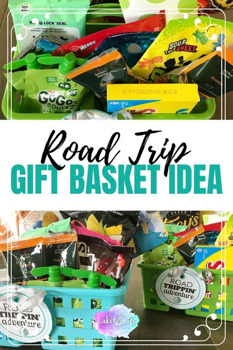 This road trip gift basket idea is made using Dollar store caddies and filled with easy road trip snacks perfect for adults and kids alike! Free printable labels are also included in this road trip care package. #roadtrip #roadtrippin #roadtripessentials #giftideas #giftbaskets #lakelifestateofmind Road Trip Care Package, Road Trip Basket, Road Trip Gift Basket, Road Trip Gifts, Trip Snacks, Road Trip Food, Road Trip Activities, Road Trip Snacks, Road Trip Games