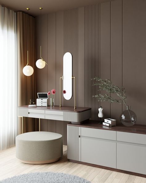 Mirror, mirror on the wall, who's ready to conquer it all? ✨ Start your day with inspiration from our stunning pivot mirror shown in a warm-toned interior! Don't forget to smile at yourself in the mirror today and remind yourself: it's going to be a great day! 💕 Mirrors For Dressing Tables, Makeup Vanity Long Mirror, Dressing Table With Round Mirror, Bedside Dressing Table Ideas, Dressing Room Colour Ideas, Dresser Design With Mirror, Bedroom Working Table, Dresser Table Design, Dressing Table Design Luxury