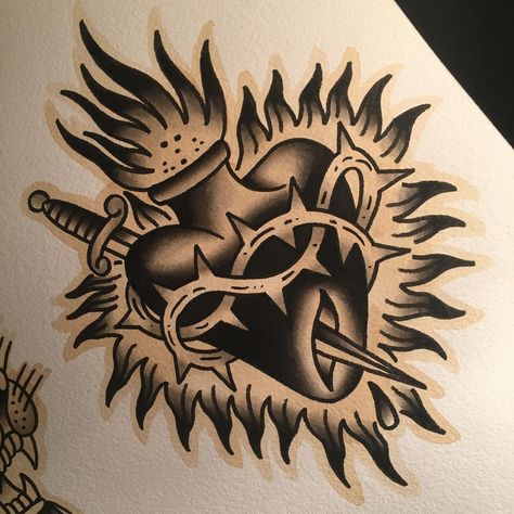 Traditional Tattoo Cover Up, Traditional Tattoo Painting, Led Zeppelin Tattoo, Sacred Heart Tattoo, Traditional Heart Tattoos, Traditional Tattoo Old School, Sacred Heart Tattoos, Traditional Tattoo Sleeve, Religious Tattoos