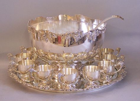 german punch bowl set | Large solid sterling silver punch bowl set made by Peter Ferner 20th c Pretty Silverware, Silver Punch Bowl, Silver Utensils, Southern Humor, Arte Pin Up, Christmas Sayings, Fairhope Al, Southern Christmas, Silver Tea Set