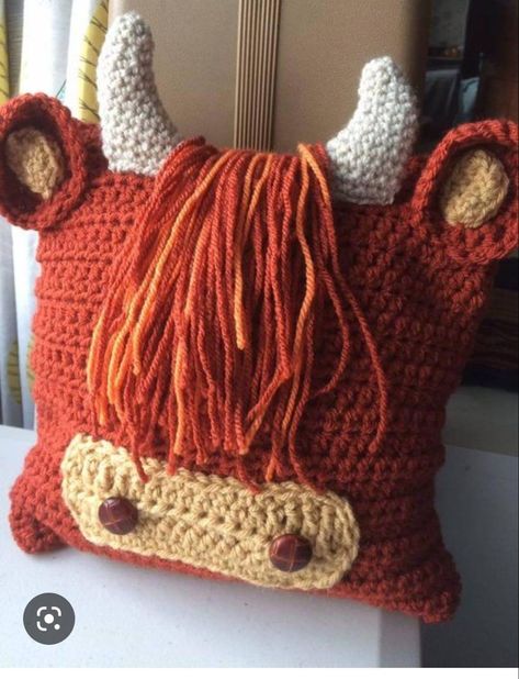 Crochet Scottish, Cow Patterns, Crochet Bull, Cow Pillow, Crochet Farm Animals, Crochet Cardigans, Scottish Highland Cow, Crochet Pillow Pattern, Crochet Pillows