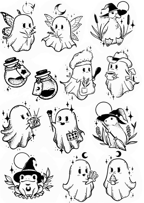 Spooky Line Work Tattoos, Flash Sheets Simple, Easy Halloween Tattoo Flash, Ghost Flash Sheet, October Flash Tattoo, Cute Halloween Flash Tattoo, Grim Reaper Doodle, Halloween Monster Drawing, Best Friend Halloween Tattoos