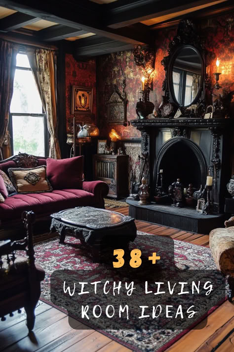 Embrace the spooky with 38 witchy living room ideas. 🕸️🖤 These eerie designs feature dark decor, ghostly accents, and haunting elements that give your space a ghostly vibe. Looking to add some spook? Click to discover all the spooky designs! #SpookyLivingRoom #DarkDecor #GhostlyAccents #HauntingElements #HauntedVibe Southern Gothic Home Aesthetic, Gothic Western Home, Modern Gothic Home Interiors, Gothic Victorian Homes Interior, Western Gothic Aesthetic House, Western Gothic Living Room, Victorian Era Aesthetic Dark, Dark Victorian Living Room, Cottage Goth Aesthetic