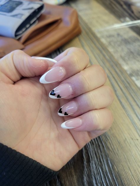 French Manicure With Black Heart, White French Tip Black Heart, Black Heart Nails Valentines Day, French Tip Nails With Black, Nails With Black Hearts, Nails With Black, Black French Nails, French Acrylics, White French Tip