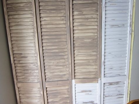 Update Shutter Closet Doors, Bifold Shutter Door Makeover, Shutter Closet Doors Makeover, Kitchen Door Makeover, Distressed Shutters, Closet Doors Painted, Cabinet Door Makeover, Bifold Doors Makeover, Louvre Doors