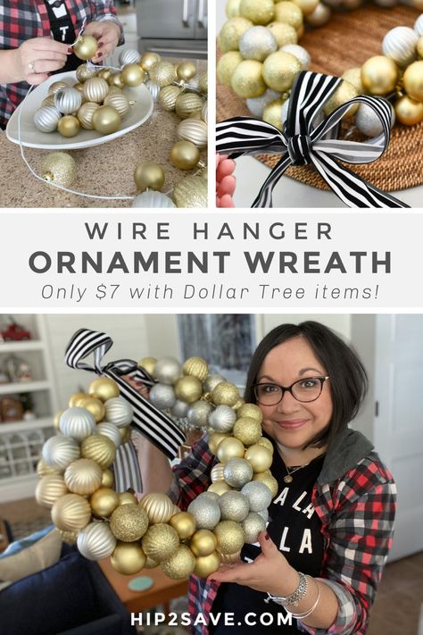 Wire Hanger Wreath, Christmas Wreaths Using Wire Form, Wire Hanger Christmas Wreath, Hanger Wreath Diy Christmas, Wire Hanger Wreaths, How To Make An Ornament Wreath, Diy Christmas Wreath Ornaments, Diy Wreath Form, Christmas Ornament Wreath Diy