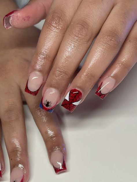 Spiderman Nails French Tip, Short Acrylic Spider-man Nails, Spiderman Nails Easy, Spiderman Nails Acrylic Short, Short Nails Spiderman, Spider Man Short Nails, Short Spider Man Nails, Cute Spiderman Nails, Nail Ideas Spiderman