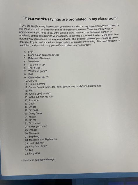 Teacher's list of 32 'ridiculous' banned words in the classroom sparks debate: 'She’s on a power trip' Teen Slang, Teacher List, Power Trip, Short Essay, Slang Words, History Education, Social Media Infographic, Word List, Learning Process