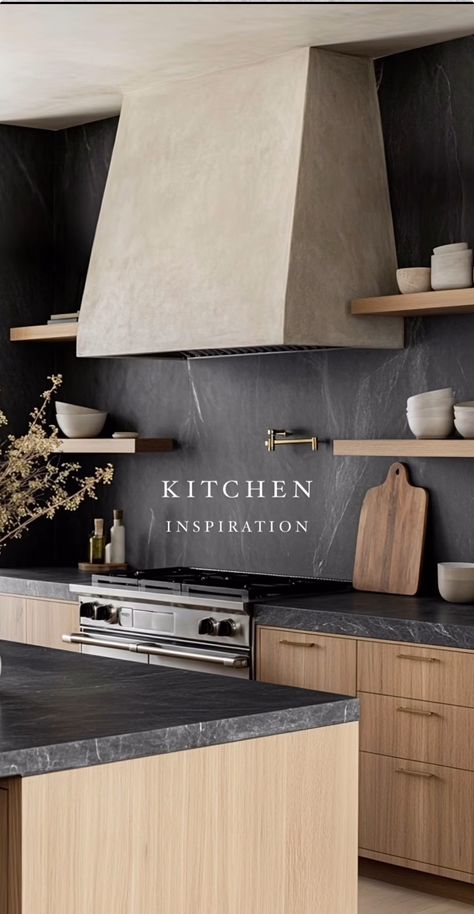 Stucco Cabinets, Limewash Paint Kitchen, Natural Oak And Black Kitchen, Kitchen Wall Cutout Ideas, Refrigerator Wall Kitchen, Light Oak Kitchen Cabinets Black Countertops, Modern Kitchen Styling, Warm Transitional Kitchen, Marble Kitchen Hood