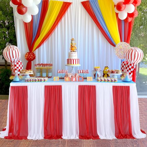 PRICES MAY VARY. Carnival Party Decorations DIY match: The gorgeous table skirt has Multiple pieces of separate tulle ,which can be matched at will. You can develop your imagination and bundle the mesh in the way you like, creating a unique beauty. Red and White Table Skirts Occasion: 14ft strappy table skirt is perfect for large parties, carnival theme parties, birthday parties, Christmas, graduation parties, New Year's Eve parties, grand openings, bridal and baby showers, birthday parties, hol Carnival Birthday Theme, Carnival Party Decorations, Circus Party Decorations, Birthday Carnival, Tulle Table, Table Skirts, Circus Decorations, Carnival Decorations, Carnival Circus