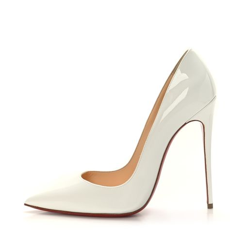 These are authentic CHRISTIAN LOUBOUTIN Patent So Kate 120 Pumps 38 in White. These pumps are crafted of patent leather in white. They have a 4.75-inch wrapped stiletto heel and a pointed toe. 1400436 White Stilletos, Louboutin Heels Wedding, White Closed Toe Patent Leather Heels, Christian Louboutin Heels Wedding, White So Kate Louboutin, White Louboutin Heels, Kate Louboutin, White Christian Louboutin Heels, So Kate Heels