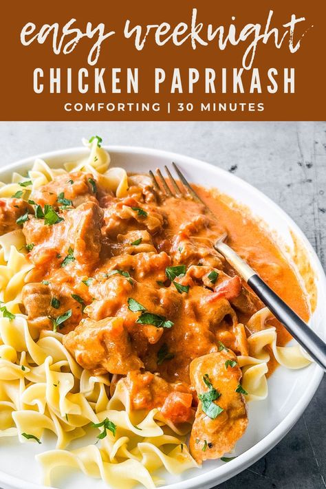 You and your family will love this 30-minute Chicken Paprikash. Sometimes called paprika chicken, it's rich and creamy with a little punch! #chickenpaprikash #paprikachicken #chickendinner #easydinner #comfortfood Easy Paprika Chicken, Paprika Chicken Stew, Chicken Paprikash With Spaetzle, Instant Pot Chicken Paprikash, Easy Chicken Paprikash Recipe, Chicken Paprikash Crockpot, Crockpot Chicken Paprikash, Chicken Paprikash Soup, Easy Chicken Paprikash