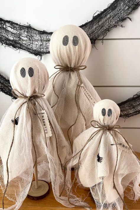 aesthetic halloween decors, aesthetic spooky decor, budget friendly halloween decor, cheap halloween decorations, decorated halloween homes, decors for halloween, halloween aesthetic, halloween decor, halloween decor ideas, halloween decorating ideas, halloween decoration ideas, halloween decorations, halloween decorations for the home, handmade halloween decorations, handmade spooky decor, spooky season decor Lace Ghost, Boho Ghost, Cheesecloth Ghost, Ghost Decor, Halloween Decor Diy, Rustic Halloween, Farmhouse Halloween, Halloween Table Decorations, Primitive Fall