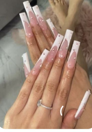 French Tip And Diamond Nails, French Tip Nails With Design Diamonds, French Tip Diamonds, French Tip Diamond Nails, Long White French Tip Nails, French Tips With Diamonds, Diamond French Tip Nails, Long French Tip Nails, White Tip Acrylic Nails