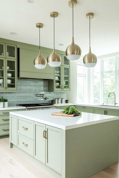 Sage Green Kitchen Inspiration (59 Trendy Design Ideas) Light Sage Green Kitchen, Sage Green Kitchens, Sage Green Kitchen Ideas, Sage Green Kitchen Walls, Sage Green Kitchen Cabinets, Peaceful Kitchen, Green Kitchen Inspiration, Green Kitchen Ideas, Green Countertops