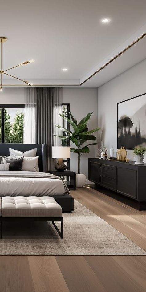 Modern Interior Design Modern American House Interiors, Modern Luxury Bedroom Master Suite Interior Design, Modern Luxury Bedroom Master Suite, Luxury Master Bedrooms Decor, Transitional Modern Bedroom, Timeless Bedroom Ideas, American Style Bedroom, Modern Contemporary Bedroom, Army Workout