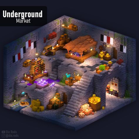 Underground Black Market on Minecraft Survival Cool Underground Minecraft Builds, Ps4 Minecraft Builds, Must Have Minecraft Builds, Minecraft Storage Design Ideas, Spawn Area Ideas Minecraft, Minecraft Food Shop Ideas, Minecraft Building Underground, Minecraft Mob Grinder Design, Underground Market Minecraft