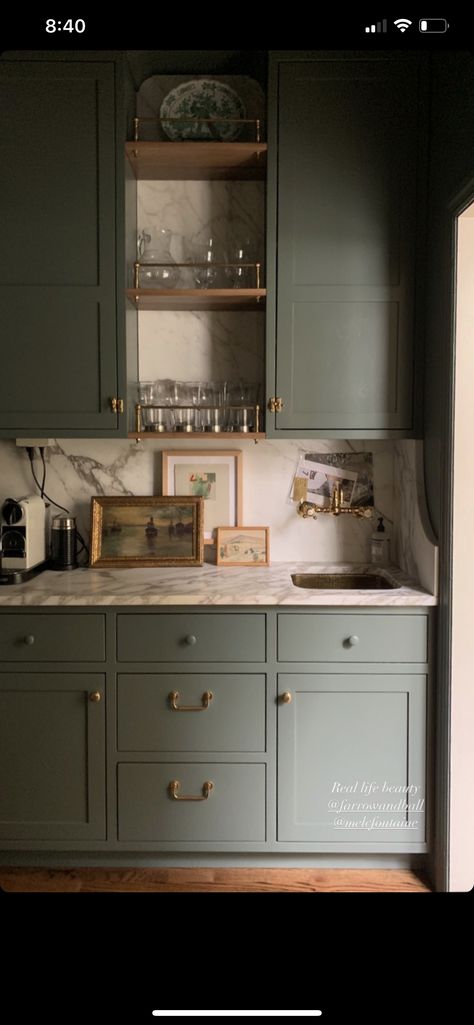 bar inspo Vintage Wet Bar Ideas, Dark Green Butlers Pantry, Colorful Butlers Pantry, Dry Bar White Cabinets, Mcm Galley Kitchen, Butlers Pantry Nook, Butlers Nook, Green Butlers Pantry, Moody Wet Bar