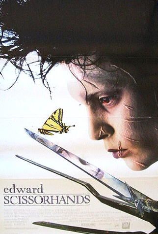 Edward Scissorhands, 1990: American Romance, Horror, Gothic and fairy tale hybrid film. Director, Tim Burton; starring Johnny Depp. Famous Movie Posters, Tim Burton Movie, Movies Worth Watching, See Movie, Edward Scissorhands, Jim Henson, Movie Buff, Great Films, All Movies