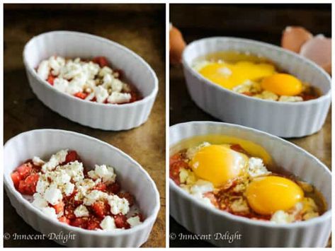 Baked Eggs with Tomatoes and Feta Cheese - Eating European Feta Cheese Breakfast, Banting Breakfast, Eggs With Tomatoes, Tomatoes And Feta Cheese, Tomatoes And Feta, Cheese Breakfast, Sprinkle Salt, Goats Cheese, Breakfast Smoothie Recipes