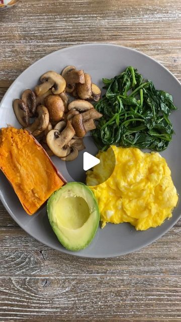 Eggs Brunch, Sautéed Mushrooms, Breakfast Eggs, Instagram Breakfast, Sauteed Spinach, Baked Sweet Potato, Sauteed Mushrooms, Morning Food, Keto Breakfast