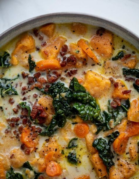 Sweet Potato Chowder - Sweet Potato Chowder Recipe Sweet Potato Chowder Recipe, Sweet Potato Chowder, Potato Chowder, Chowder Recipe, Tortellini Soup, Chowder Recipes, Think Food, Bowl Of Soup, Delicious Soup