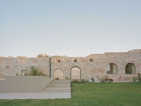 Renovated Farmhouse, Rock Floor, Walled Courtyard, Natural Stone Wall, Philip Johnson, Farmhouse Remodel, Olive Gardens, Design Magazine, Mood Board Design