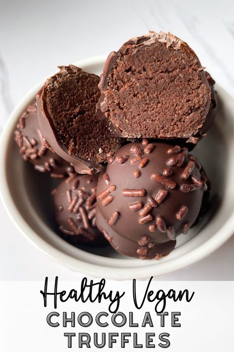 Healthy Vegan Chocolate Truffles Vegan Chocolate Truffles, Vegan Chocolate Recipes, Vegan Truffles, Vegan Baking Recipes, Plant Based Desserts, Healthy Vegan Desserts, Healthy Sweets Recipes, Most Satisfying, Healthy Chocolate