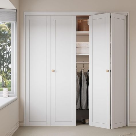 CRUTOP 72'' x 80" Paintable Double Bifold Closet Door, Solid Core Pre-Assembled Panels with Water-Resistant Triple-Layer Painting, Build Quality (77.75'' High Panels&Hardware&Fascias&Knobs) - Amazon.com Bedroom Closet Bifold Doors, Bifold Closet Door Ideas, Laundry Room Doors Bifold, Flush Bifold Closet Doors, Double Bifold Doors, Closet Bifold Doors, White Bifold Closet Doors, Bifold Closet Doors Direct Doors, Closet Doors Bifold