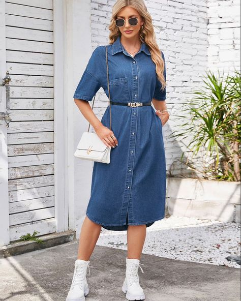 https://passionatelypurefashion.com/products/button-down-half-sleeve-denim-dress #modesty #modestfashion #modestfashionista #purity #passionatelypurefashion #dressoftheday #christianwoman #christian How To Style Denim Dress, Denim On Denim Style, Jeans Dresses For Women, Denim Dress Outfit, Maternity Intimates, Formal Maternity Dress, Denim Outfits, Denim Dresses, Dress Denim