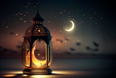 Ramadan lantern with crescent moon on ni... | Premium Photo #Freepik #photo #eid-greetings #bayram #eid-card #islamic-lamp Ramadan Cover Facebook, Islamic Baground Picture, Ramadan Photos Beautiful, Ramadan Crescent Moon, Ramadan Wallpaper Laptop, Ramadan Background Wallpapers, Ramadan Picture, Fanos Ramadan, Ramzan Image