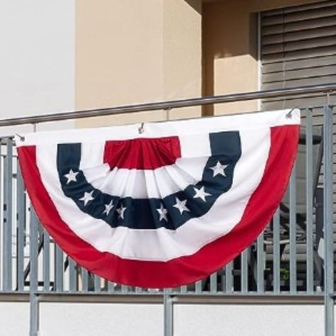 American Flag Bunting Patriotic Pleated Half Fan Flag Usa Porch Red White And Blue Bunting 3x6 Feet Set Of 1 The Us Flag Is Made Of Oxford Nylon Polyester. It Can Be Displayed Indoors Or Outdoors. The Size Of American Bunting Banner Is 3 X 6 Feet (Set Of 1). The National Flag Is Embroidered With White Stars, Red, White And Blue Stripes. Bunting Has 3 Brass Grommet, Perfect For Easy Hanging On Awnings, Front Porches, Fireplace Railing And So On. Perfect Decoration For Your Garden, Porch, Office, American Flag Bunting, American Flag Banner, Patriotic Bunting, Wall Table Decor, Blue Bunting, Memorial Day Decorations, Happy New Year Banner, Bunting Flag, Purple Balloons