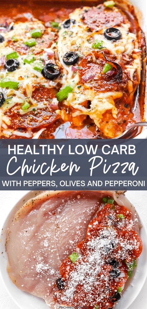 Low Carb Chicken Pizza Bake, Low Carb Pizza Chicken, Supreme Pizza Chicken Bake, Healthy Pizza Casserole Recipes, Baked Pizza Chicken, Healthy Pizza Bake, Chicken With Pepperoni And Mozzarella, Keto Chicken Pizza Casserole, Keto Chicken Pizza Bake