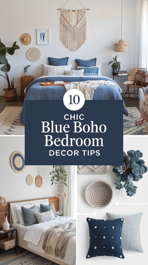 Dive into blue boho bedroom decor with ideas to create a cozy, inviting space! Experiment with blue tones, add plants, and play with vintage furniture pieces to capture that perfect bohemian aesthetic. Your dream bedroom awaits! #BohoBedroomIdeas #BlueDecor #ChicHome Blue And Green Bedroom Aesthetic, Blue Boho Bedroom Ideas, Blue Boho Bedroom, Retro Bedroom Ideas, Dark Blue Walls, Retro Bedrooms, Boho Style Bedroom, Boho Bedroom Ideas, Bohemian Aesthetic