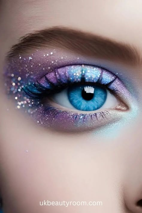 Silver Eyeshadow Blue Eyes, Sky Eye Makeup, Eyeshadow Ideas For Hooded Eyes, Space Themed Makeup Simple, Chrome Eyeshadow Look, Holiday Make Up, Cinderella Inspired Makeup, Blue Festival Makeup, Light Blue Makeup Looks