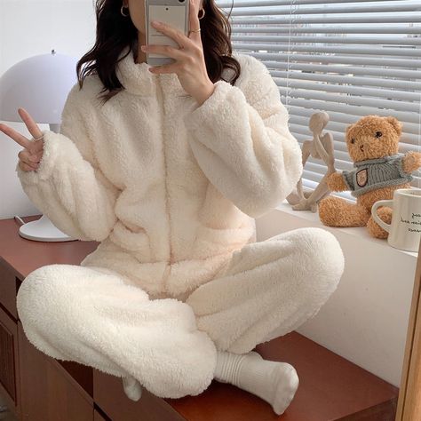 Solid Warm Thick Longsleeve ZipUp Coral Fleece Comfort & Soft Plush Clothes, Korean Pajamas, 90s Y2k Fashion, Cosy Outfit, Thermal Pajamas, Warm Pajamas, Rash Guard Swimwear, Mode Turban, Cute Sleepwear