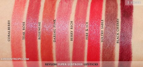 Revlon Super Lustrous Lipstick Swatches Revlon Lipstick Swatches, Paintbox Spring, Spring Lipstick, Cosmetic Inspiration, Too Faced Lipstick, Revlon Lipstick, Shiny Lipstick, Berry Lipstick, Revlon Super Lustrous Lipstick