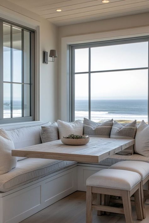 29 Cali Coastal Decor Ideas to Capture the Spirit of the Coast Coastal Breakfast Nook, Coastal Breakfast, Morning Meals, Coastal Retreat, Built In Bench, Leisure Arts, Cozy Nook, Weathered Wood, Music Event